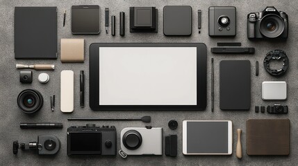 Obraz premium A flat lay arrangement of various tech gadgets and accessories for creative work.