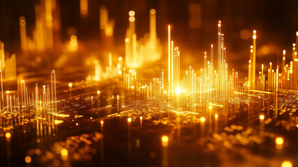 Fototapeta premium Abstract illustration of glowing yellow data visualizations at dawn over a digital landscape