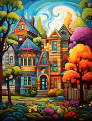 Obraz premium colorful detailed vector art of an old Victorian style house surrounded by trees and colorful bushes, whimsical 