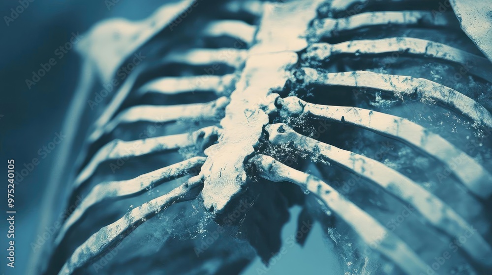 Poster Close-up of an intricate rib skeleton, showcasing detailed bone structure and texture in an artistic blue-toned background.