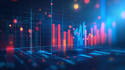 Colorful digital data visualization showcasing trends with bright bars and glowing elements