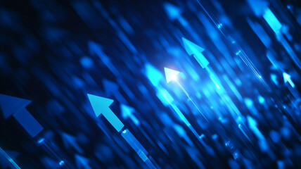 Blue abstract illustration featuring arrows pointing upward in a dynamic digital environment