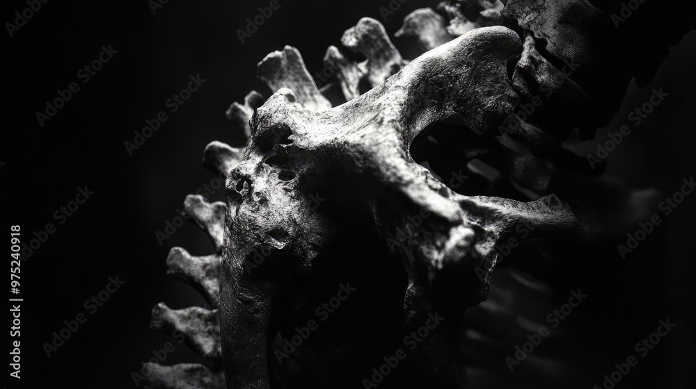 Poster a detailed macro shot of a skeletal spine against a dark backdrop, showcasing texture and structure 