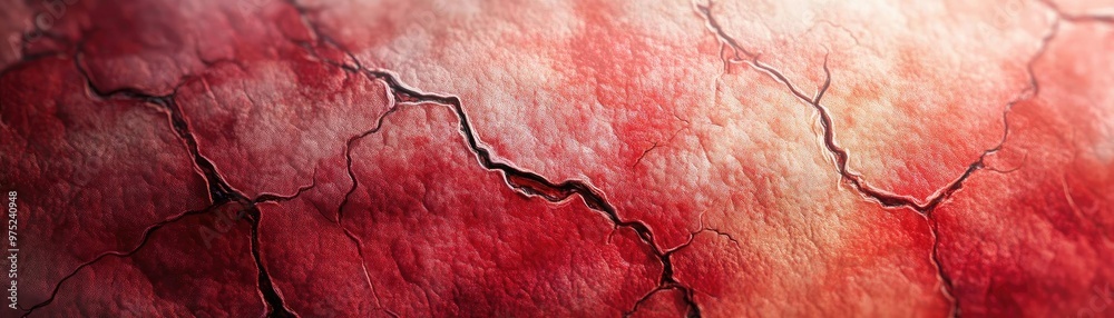 Poster close-up of cracked red texture, showcasing intricate details and patterns that evoke depth and visu