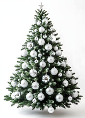Chistmas tree with white themed ornaments, isolated on white background.