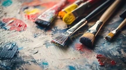 Obraz premium A collection of paintbrushes on a colorful artist's palette.