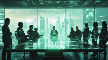 A futuristic business meeting in a high-tech conference room overlooking a cityscape.
