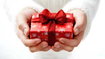 hands holding a Chritmas gift box, mimicking a gesture of giving, isolated on a clean white background.