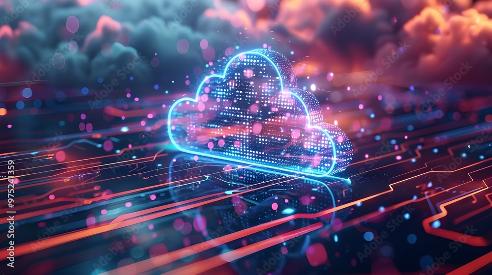Poster Cloud computing concept. 3d rendering toned image double exposure blur - Generated AI