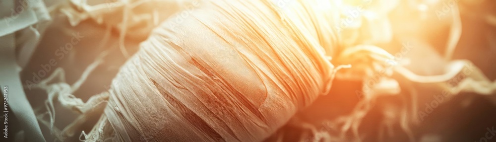 Poster an artistic close-up of a wrapped object, revealing textures and light dynamics that evoke mystery a