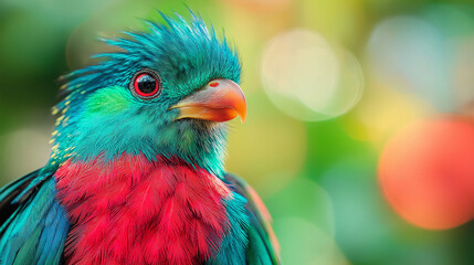Fototapeta premium Quetzal with Vibrant Plumage, focusing on the vibrant green and red feathers of the Quetzal bird, with copy space