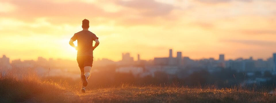 Silhouetted male athlete running on a trail or path through a rural countryside landscape,with a vibrant orange and pink sky in the background at sunset,depicting a sense of freedom,energy.