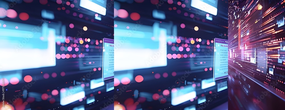 Poster digital composite of multiple computer screens with data processing. 3d rendering - generated ai