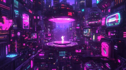 A vibrant, futuristic cityscape with neon lights and a central figure in a digital environment.