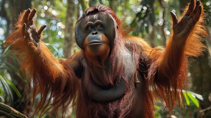 Fototapeta premium A baby orangutan in the jungle, looking happy and reaching out towards you with its hands.