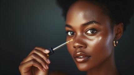 Obraz premium Afro-American Woman Applying Hyaluronic Acid Serum, Enriched with Vitamin C and Niacinamide for Hydration and Radiant Skin.