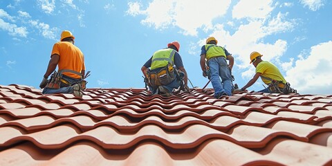 Four construction workers on a new roof with a beautiful blue sky and white clouds in the background.