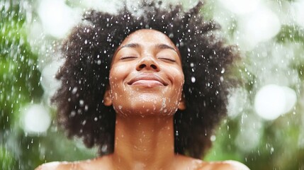 Obraz premium A woman with curly hair stands blissfully under a rain shower, feeling rejuvenated in a vibrant garden setting