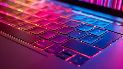 Close up of laptop keyboard colorful neon