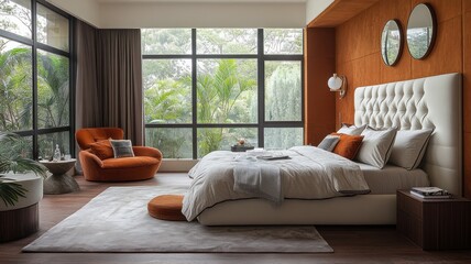 Modern bedroom with large windows and stylish furnishings.