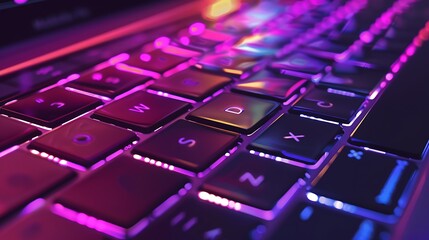 Close up of laptop keyboard colorful neon