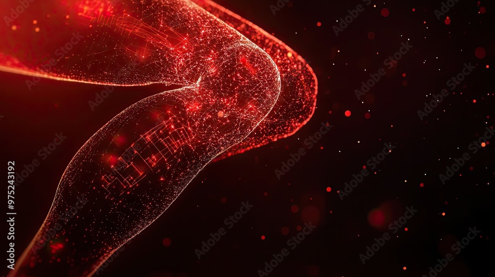 Poster A close-up view of a futuristic knee joint, illuminated with red, showcasing digital particles and health technology concepts.