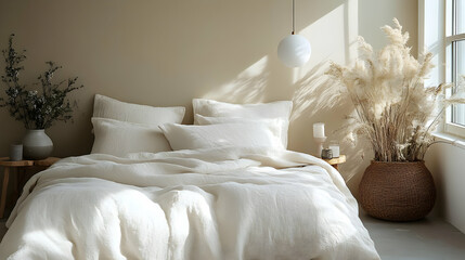 A  minimalist bedroom interior with a  white bed,  natural light, and dried pampas grass in a woven basket.