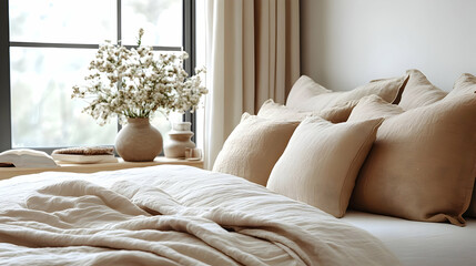 A bed with a white linen duvet and several beige pillows, a vase of white flowers on the nightstand.