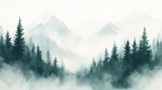 Watercolor of landscape forest misty mountains horizon and fog and hills,pine tree fir tree,Autumn forest background,drawn by hand,Autumn illustration design elements for landscape,wallpaper.