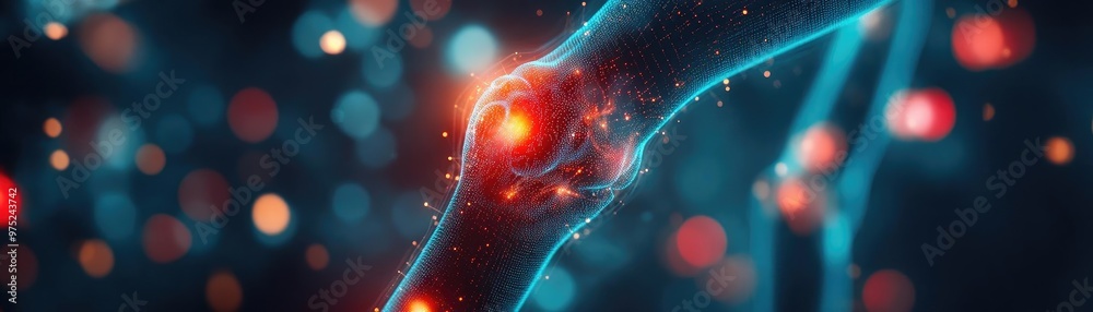 Poster close-up of a glowing joint structure highlighting health and wellness in a futuristic digital conce