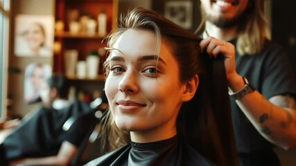 Relaxing hair salon experience while a stylist expertly styles gorgeous and healthy hair in a cozy salon setting