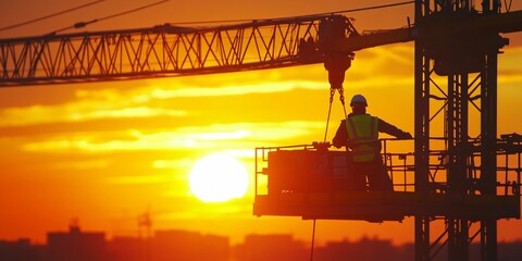 Silhouette of a construction worker operating a crane against a vibrant sunset.