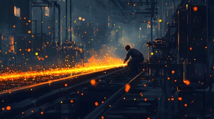 A lone worker in a factory, sparks flying as he works on a glowing metal rail.