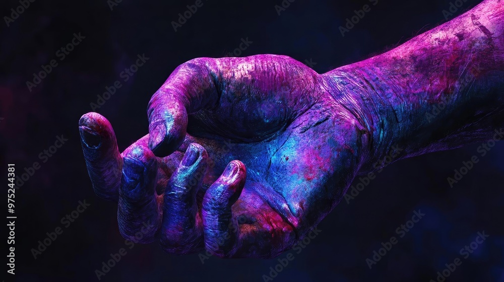 Poster a vibrant hand illuminated with colorful lights, showcasing intricate details and textures against a