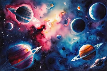 Vibrant Watercolor Cosmic Landscape with Luminous Planets and Nebula Background