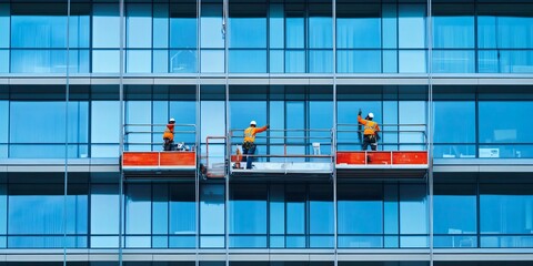 Three construction workers cleaning windows of a skyscraper from suspended platforms.
