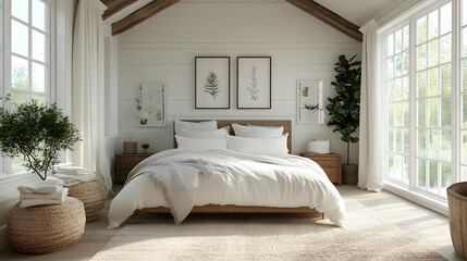 A bright and airy bedroom with white walls, a large bed, and a window looking out onto a lush garden.
