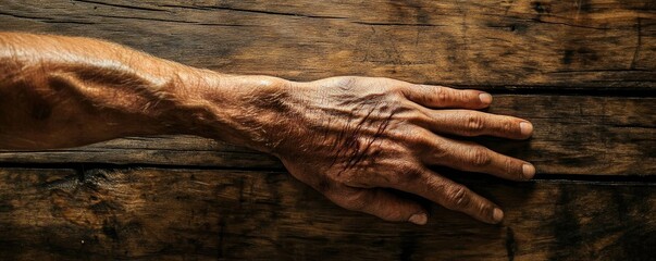 Fototapeta premium A close-up of a weathered hand resting on a wooden surface, showcasing strength and resilience in its textures and details.
