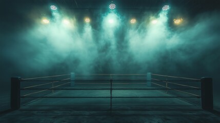 A photo of an empty boxing ring surrounded by a foggy atmosphere, cold blue lighting reflecting off the canvas, creating a mysterious and eerie feel