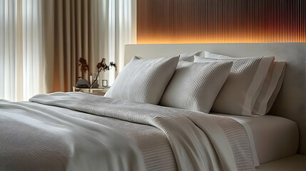 A close-up shot of a neatly made bed with white linens and pillows in a modern bedroom with a wooden headboard and warm lighting.