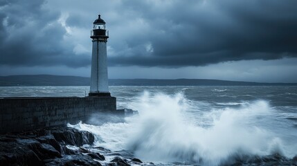 Naklejka premium A lighthouse stands against turbulent waves under a stormy sky.