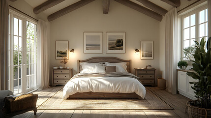 A cozy and elegant bedroom with a large bed, wooden furniture, and a rug. Sunlight streams through the window, illuminating the room.