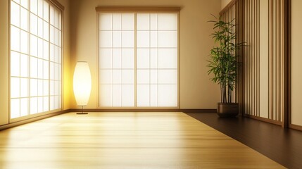 A serene interior space with natural light, wooden floors, and a plant for a calming atmosphere.