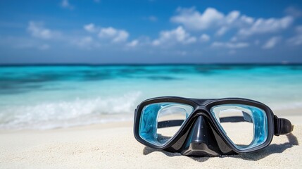 A snorkeling mask rests on sandy beach near clear blue water under a bright sky.