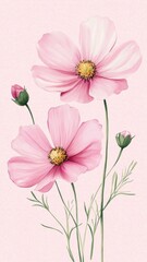 Watercolor Illustration set of Pink cosmos flowers on a white background,spring summer nature,Vibrant pink cosmos blooming,Children's card,banner,raindrops drawn by hand.