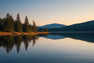 Fototapeta premium Pine Tree Reflection on Calm Lake Water Isolated on White Background