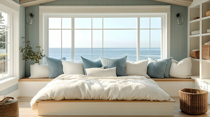 A cozy bed with a view of the ocean through a large window in a beach house.