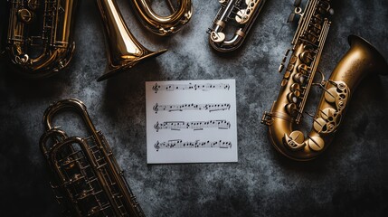 Various brass instruments arranged around sheet music on a textured surface.