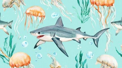 Naklejka premium Seamless pattern with shark,fish,Marine Life element Animal Life in under sea world,Design for textiles,Watercolor seamless pattern with underwater world,shellfish,coral,Vector Cartoon illuration.