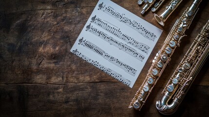 Naklejka premium A collection of musical instruments and sheet music on a wooden surface.